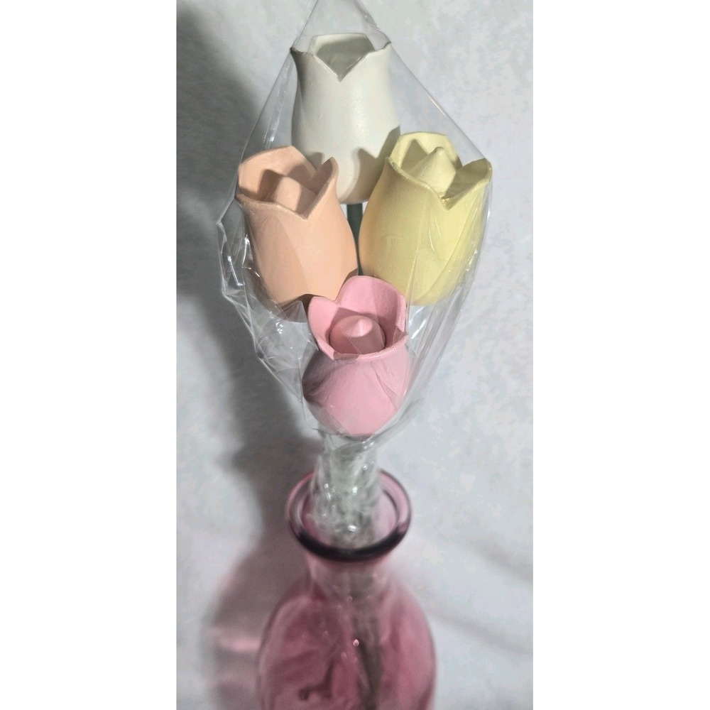Vintage Handcrafted Wooden Tulips Painted Matte Pastel Colors Set Of 4